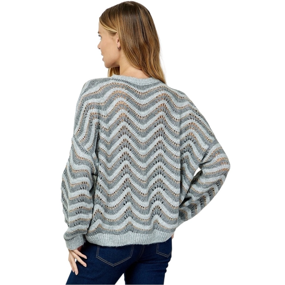 Gray Chevron Open Knit Sweater Pullover Oversized Cozy Stripe size S, M, L - Picture 5 of 7